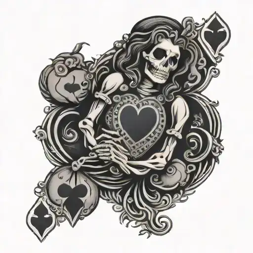 Skeleton Queen Of Hearts Playing Card Depicting