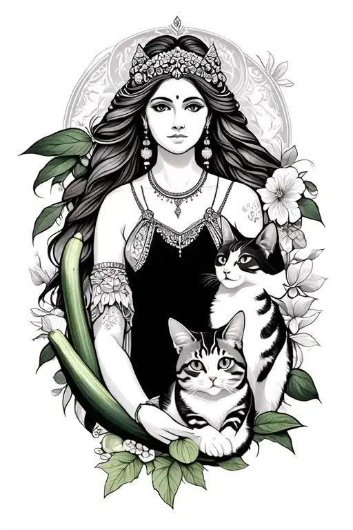Goddess With Zucchini And A Cat