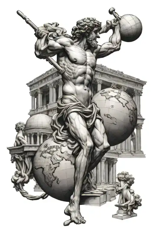 Greek Statue Of Atlas Holding Up The Globe Surrounded By Greek Buildings Tattoo