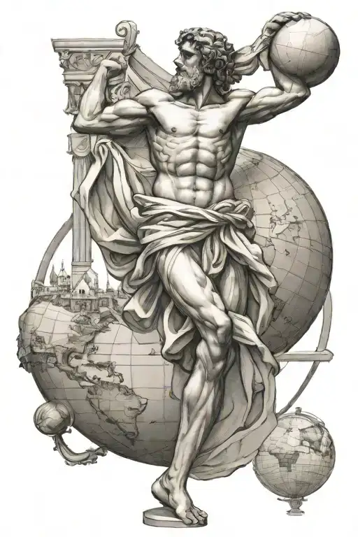 Greek Statue Of Atlas Holding Up The Globe Surrounded By Greek Buildings Tattoo