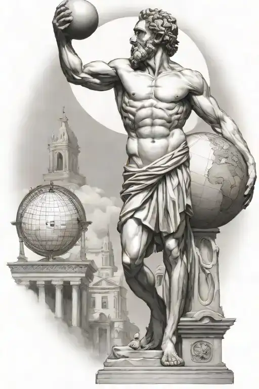 Greek Statue Of Atlas Holding Up The Globe Surrounded By Greek Buildings Tattoo