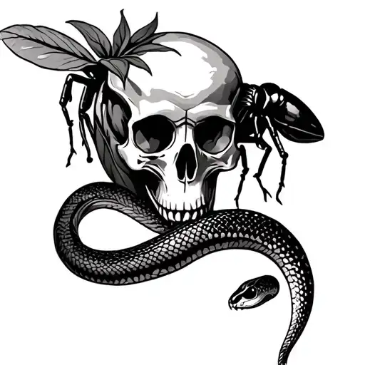 Exotic Vegetable Background With An Insect Skull And A Snake