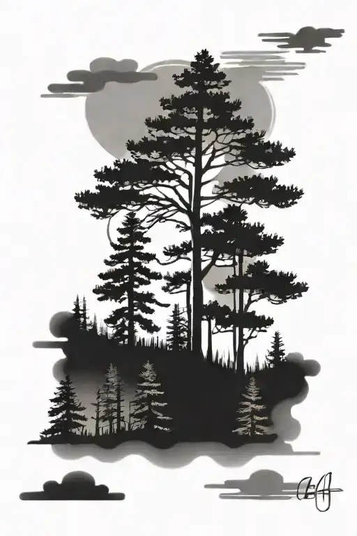 Forest Landscape Tattoo Featuring Cypress Tree