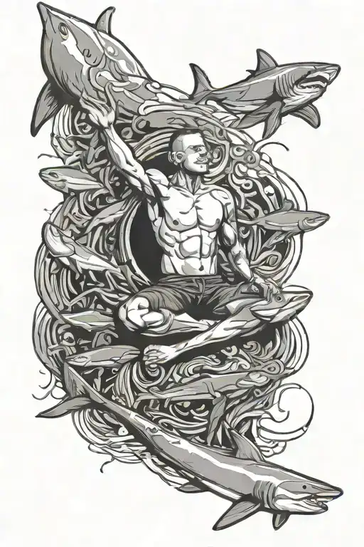 Freediver Meditating In Ocean Surrounded By Sharks