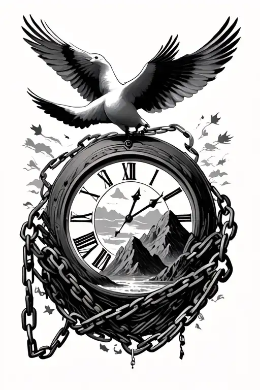 Doves Flying Around Chains And Mountains With Clock In