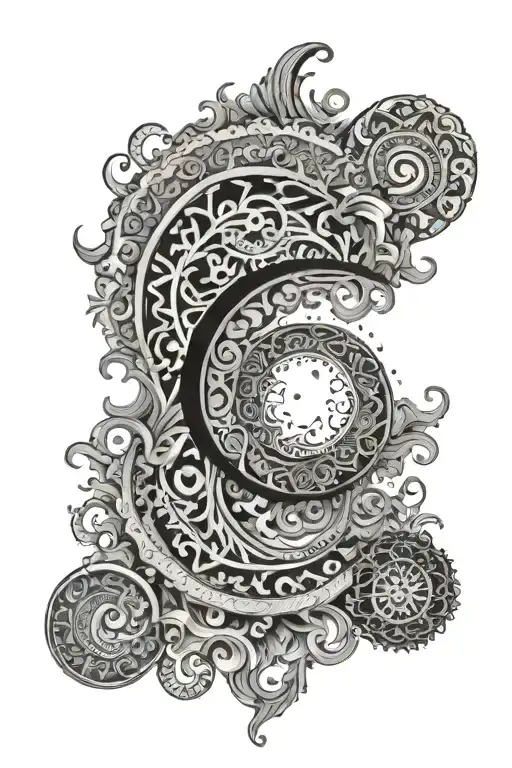 Waves Growing To Paisley Pattern With A Crescent Moon And A Mandala On Top