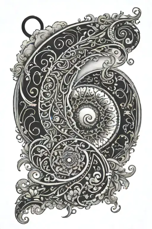 Ocean Waves Growing To Paisley Pattern With A Crescent Moon And A Mandala On Top