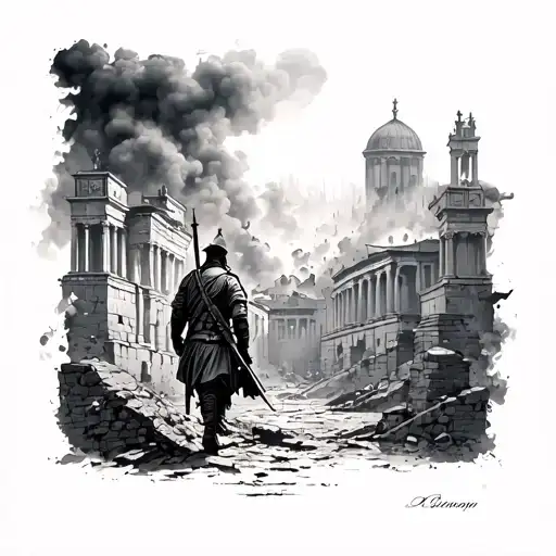 Burning Roman City With Soldier Walks Away