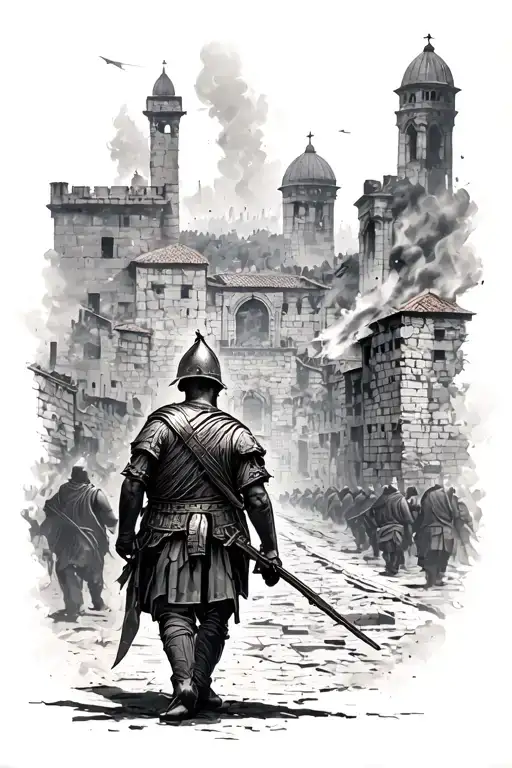 Burning Roman City With Soldier Walks Away