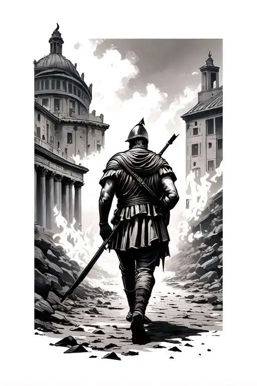 Burning Roman City With Soldier Walks Away