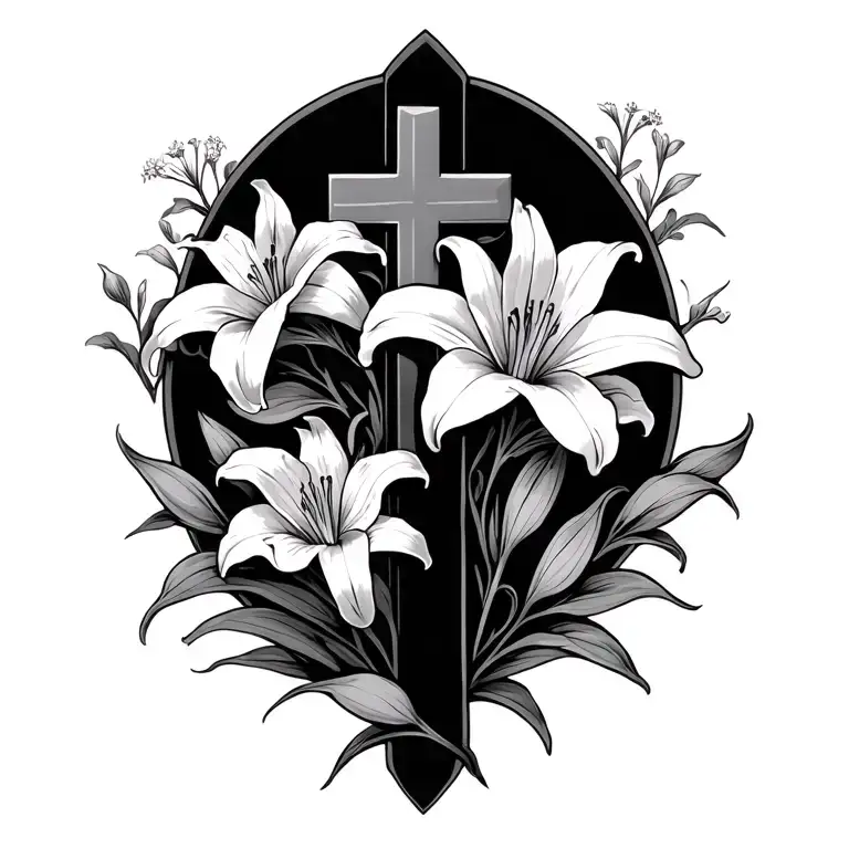 Cross With Three Lilies And Other Small Flowers Flowing Around It