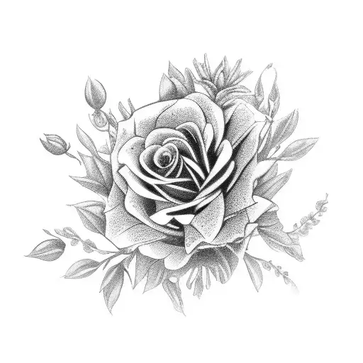 A Black-grey Design Featuring A Bouquet Of Flowers With A Rosary Wrapped Around It Tattoo