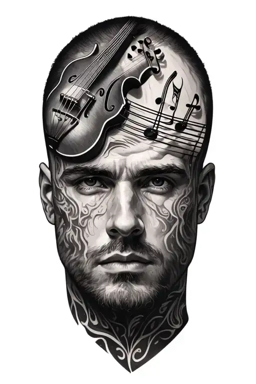 Mans Head With The Scalp Peeled Back Revealing Musical Instruments