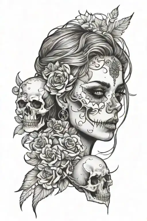 A Beach Sunset Background With A Girl Face And A Skull