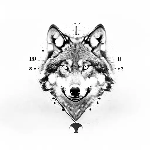 A Realistic Black And Grey Wolf With A Clock Face As Its Eye