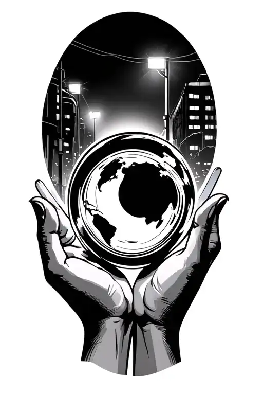 Hands Holding A Sphere In The Palm With A Micrphone A Pen And Street Lights Inside