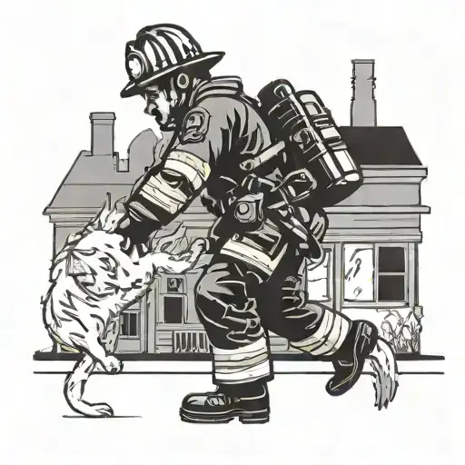 A Silhouette Of A Firefighter Rescuing A Kitten From A Burning Building