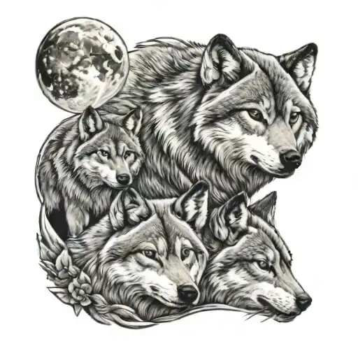 Wolfs With 4 Cubs Full Moon