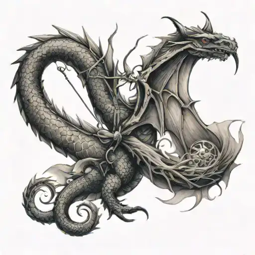 A Dragon With A Dragonfly A Bow And Arrown Along Both Sides