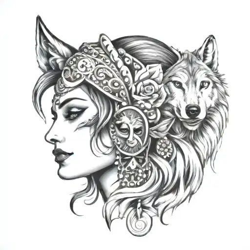 Gypsy Girl Head With A Wolf Head