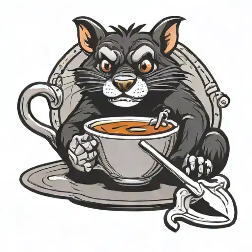 Tasmanian Devil Cartoon In A Coffee Cup With Chef Knife