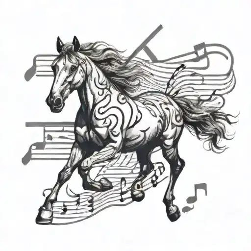 A Majestic Black-grey Tattoo Of A Horse Galloping Through A Field Of Musical Notes