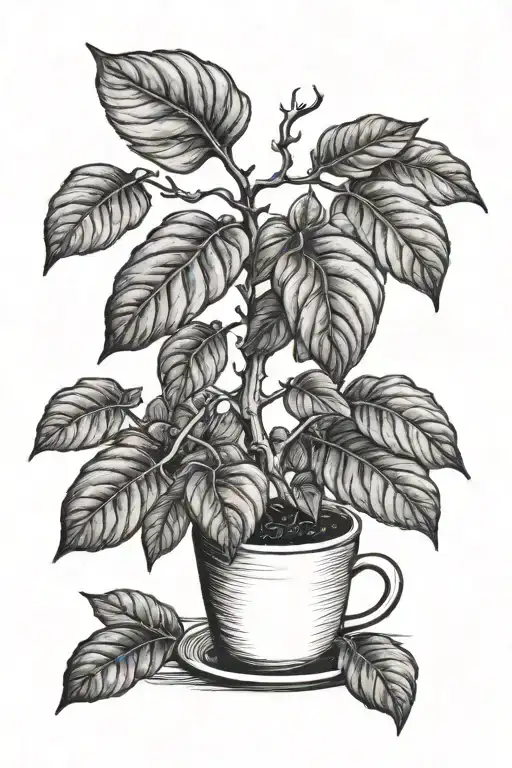 A Sketch Of A Coffee Plant Growing On A Mountain Overlooking A Serene Lake