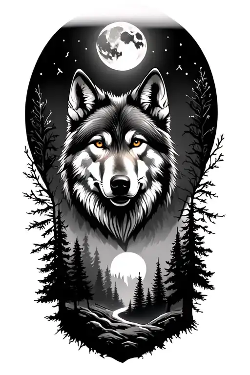 Wolf With Moon And Forest Landscape