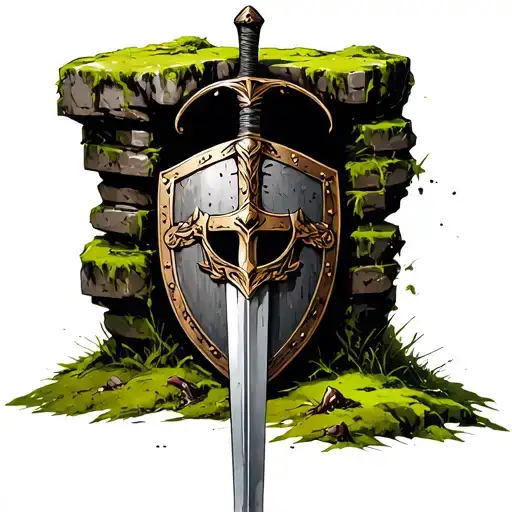 Roman Shield Helmet And A Sword In Green Moss On A Stone For A Long Time Abandoned