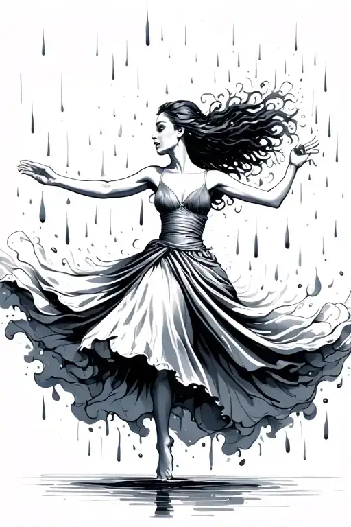 A Fine Line Style Tatto Of A Woman Dancing In Rain