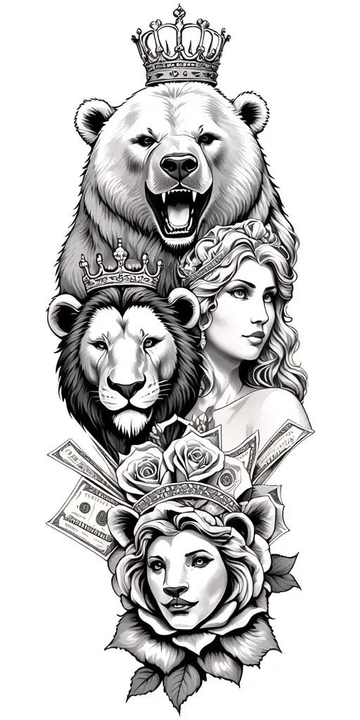 Roaring Bear And Lion With Crown And Money Rose And Lady Jutice