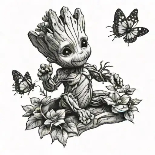 Baby Groot Playing With Butterflies Surrounding