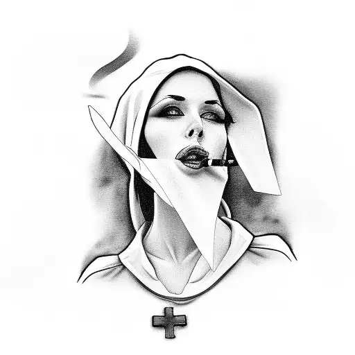 Sexy Nun With Cleavage Smoking Cigarette Holding Gun