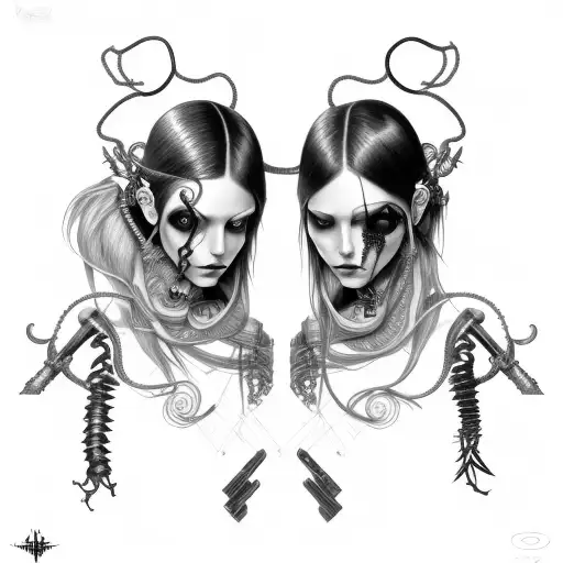 Goth Cyborg Gemini Sisters Hair Tangled Together Wide Composition