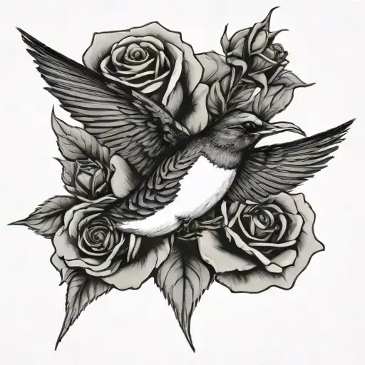 Swallow With Rose In Its Mouth