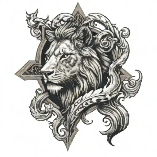 Lion Wolf Surrounding Cross
