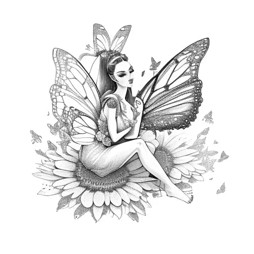 A Fairy Sitting On A Blooming Flower Surrounded By Butterflies