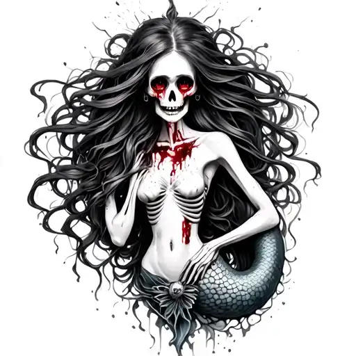 Realism Half Skeleton Half Human Mermaid With Bloody Eyes