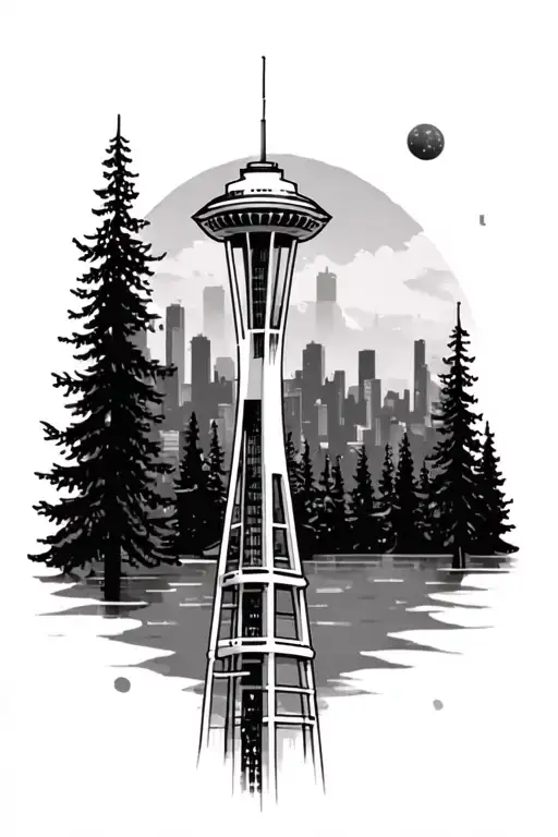 Seattle Washington Evergreen Trees And Space Needle