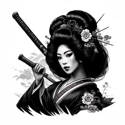 Afro Female Geisha Holding A Katana