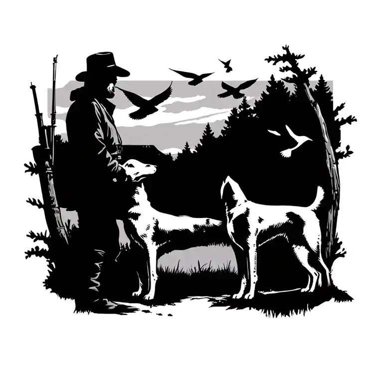 Hunter Standing With Dog Aiming At Birds