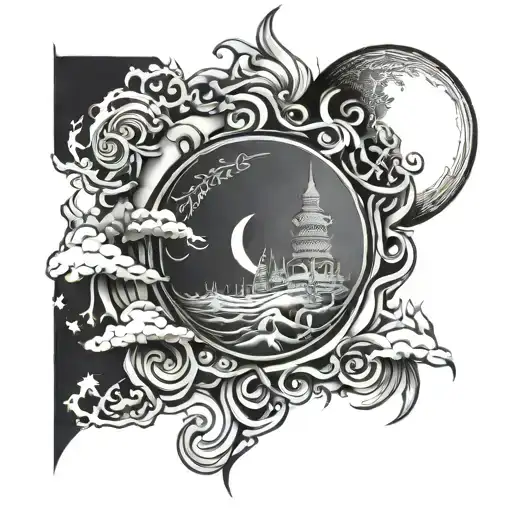 5 Lines Thai Sak Yant With Moon