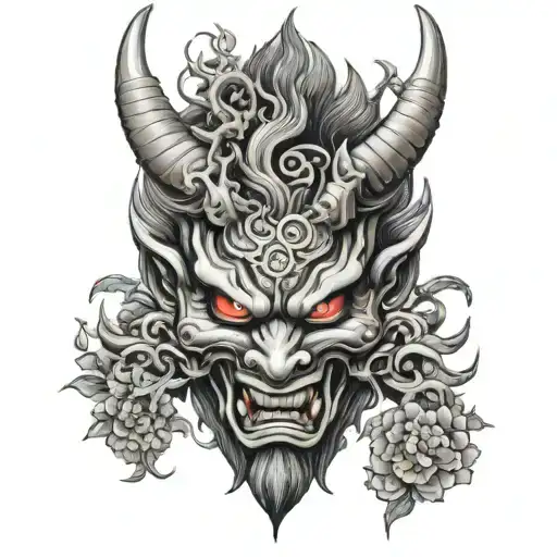 Oni Mask With Sacura Tree Around Dragon