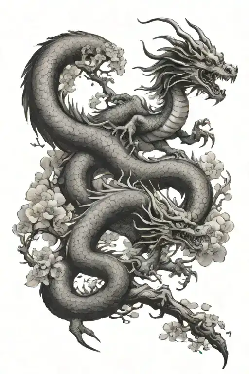 Sacura Tree Around Japan Dragon Flying On A Half Sleeve