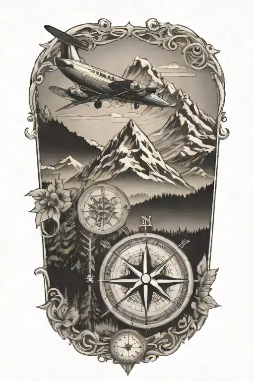 Compass Rose With A Mountain And Skiing In The Back And A Little Plane Near The Compass Rose