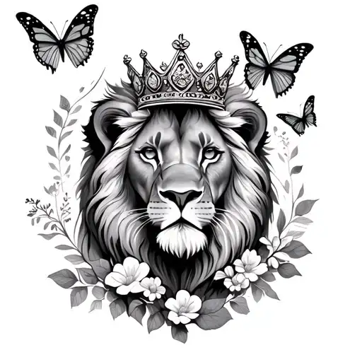 Lion Wearing A Crown W Butterflies And Flowers