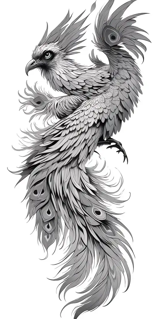 Front View Phoenix Bird With Twowings Spread Peacock Feather Tail