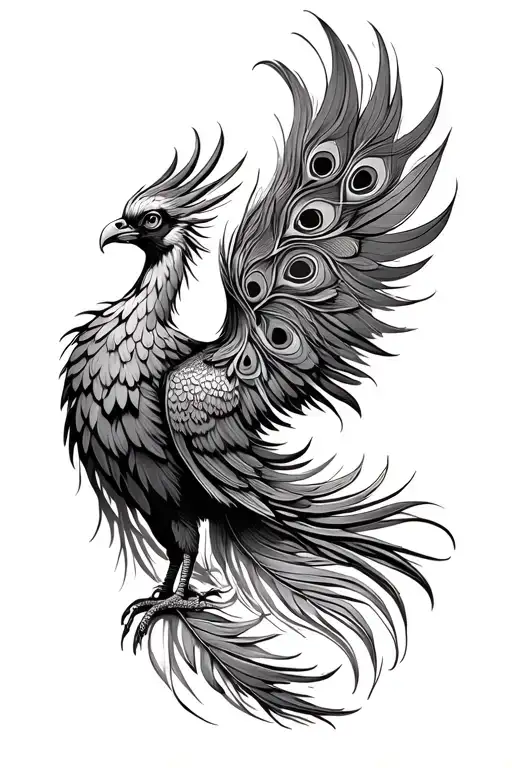 Front View Phoenix Bird With Twowings Spread Peacock Feather Tail
