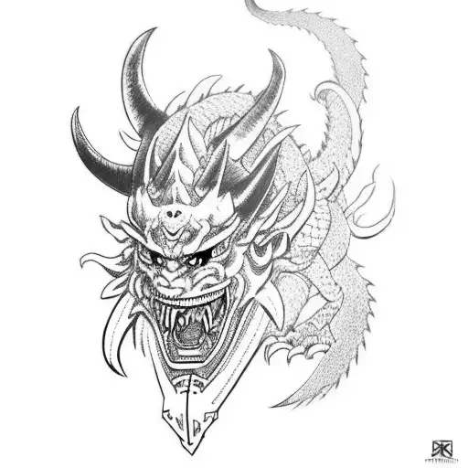 An Oni Mask With Dragon And Samurai Sword