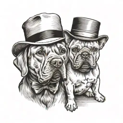 A Vintage-style Portrait Of A Labrador And A French Bulldog Wearing Old-fashioned Hats